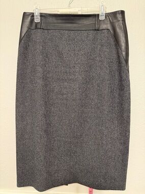 Charcoal Gray Wool Pencil Skirt with Black Leather Panel